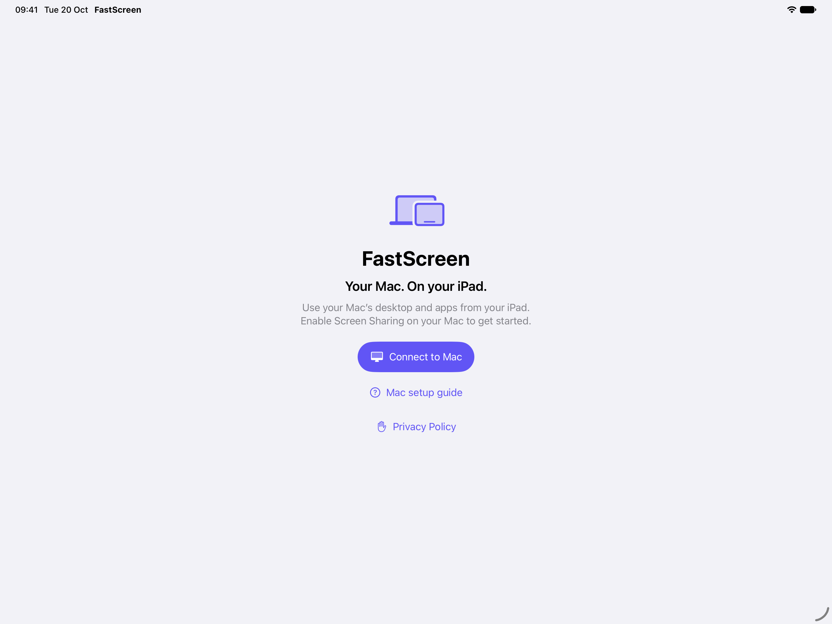 FastScreen welcome screen with Connect to Mac, Mac setup guide and Privacy Policy